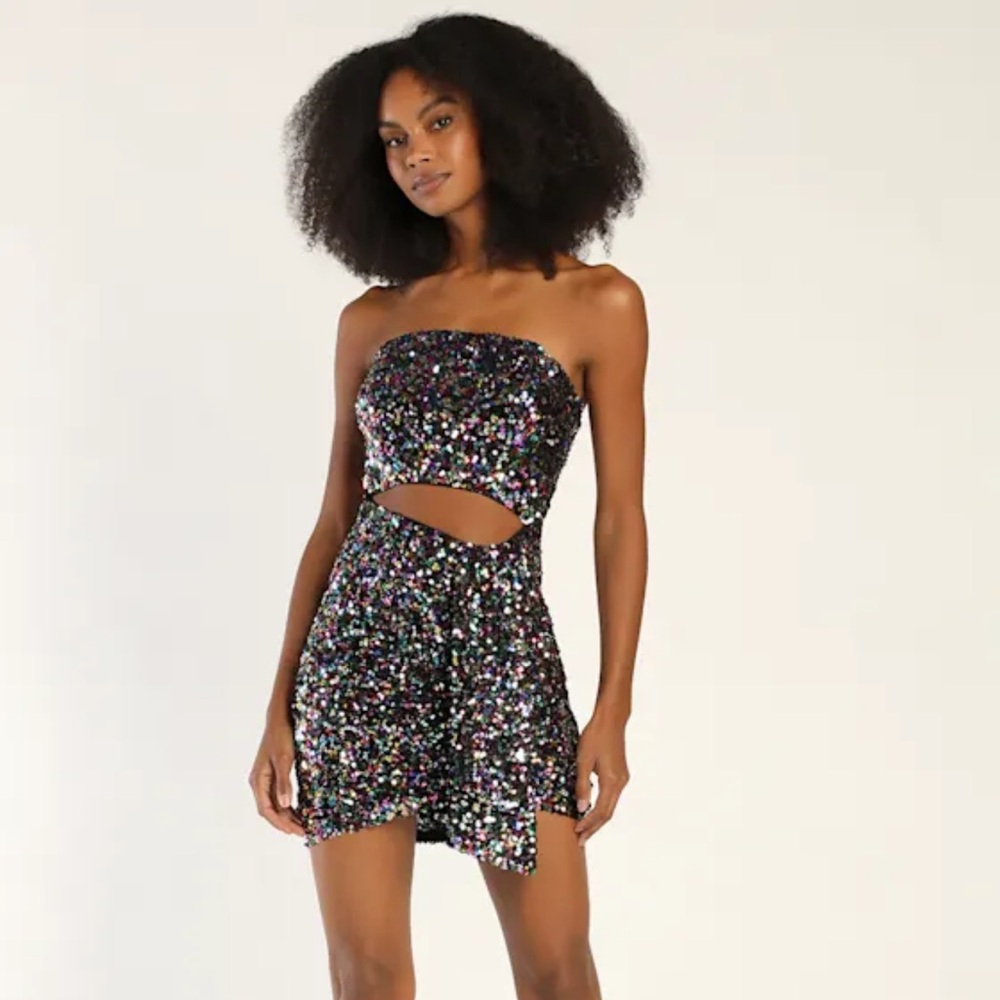 Lulus Brightest Moment Black Multi Sequin Cutout Bodycon Mini Dress - Size L
